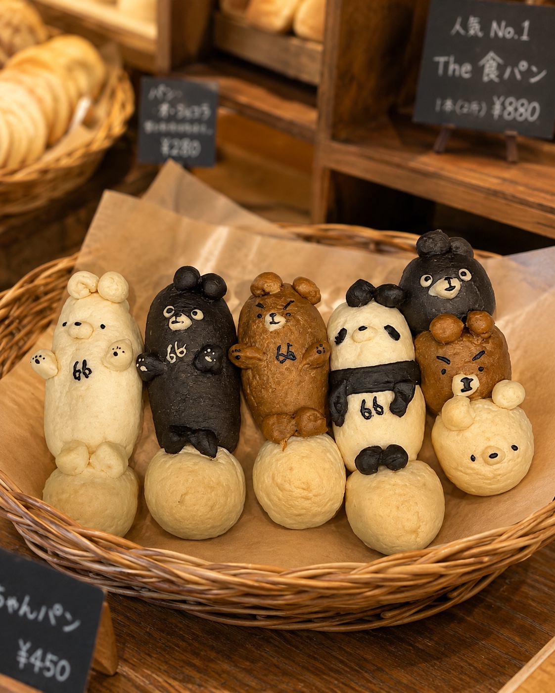 手づくりした66 BAKEHOUSEのキャラパンが並ぶ様子