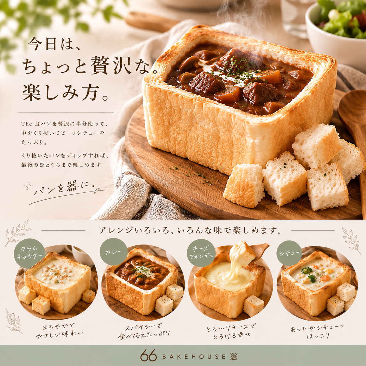 The食パンを器にしてビーフシチューを盛り付けたアレンジ例